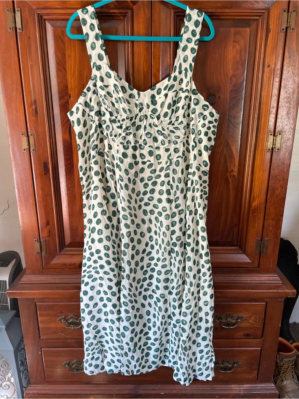 Reformation White Midi Dress with Green Dot Print